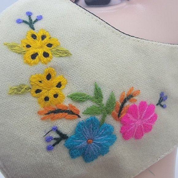 New Face cover ear loop Cream Mask Women's Embroidered handmade forest flowers - Picture 4 of 6